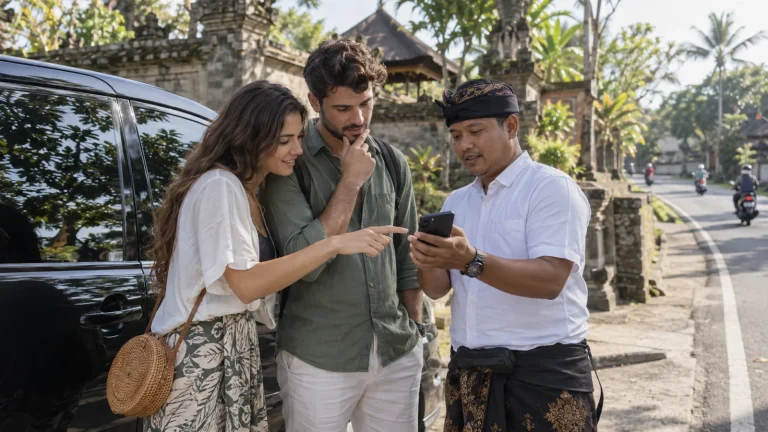 A couple and their driver comparing a short and full-day itinerary on a phone beside their vehicle.