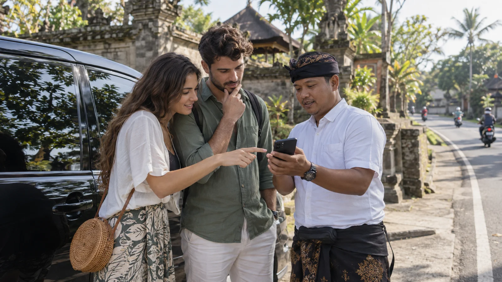 A couple and their driver comparing a short and full-day itinerary on a phone beside their vehicle.