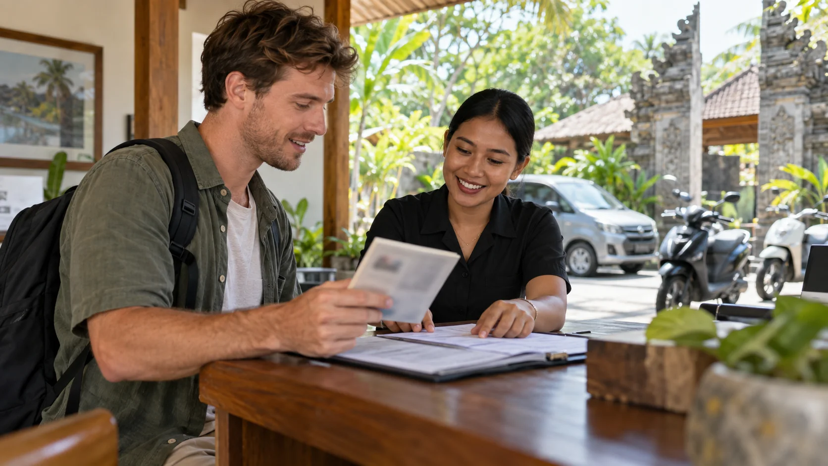 Australian traveller reviewing driving permit documents at a Bali rental desk.