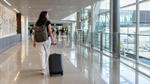Solo traveler walking along the corridor during a self transfer Bali airport connection.