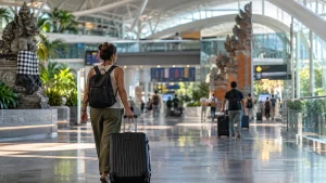 Tourist pulling luggage through the main terminal area for self transfer Bali airport transit.