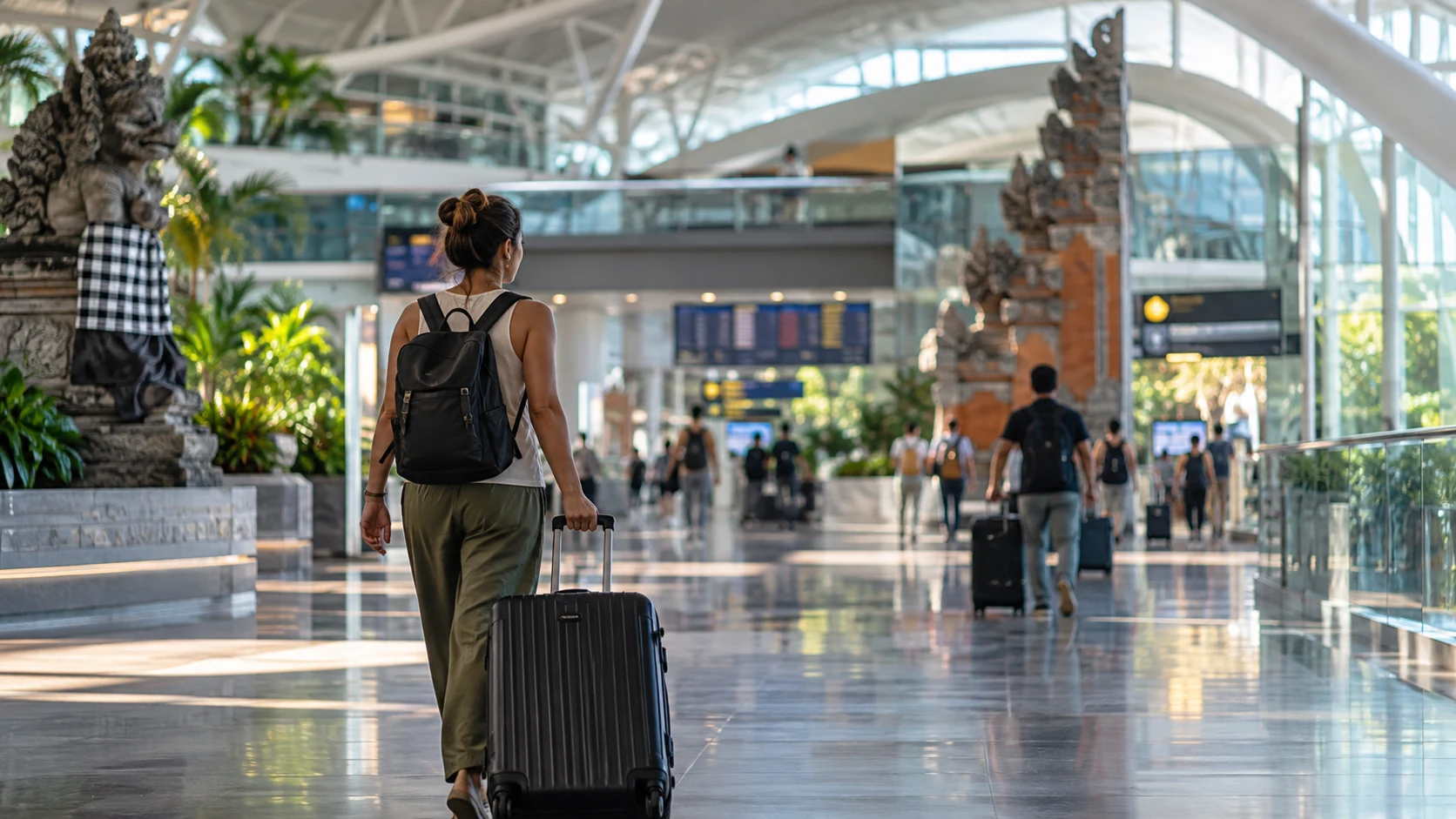 Tourist pulling luggage through the main terminal area for self transfer Bali airport transit.
