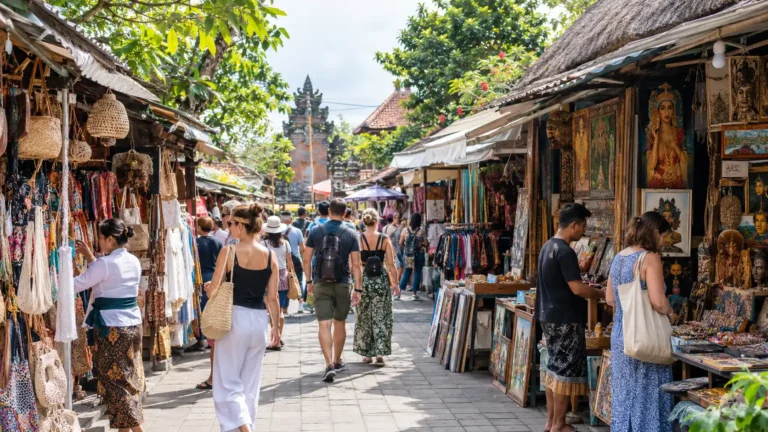 Ubud Art Market with tourists browsing local crafts and souvenirs.