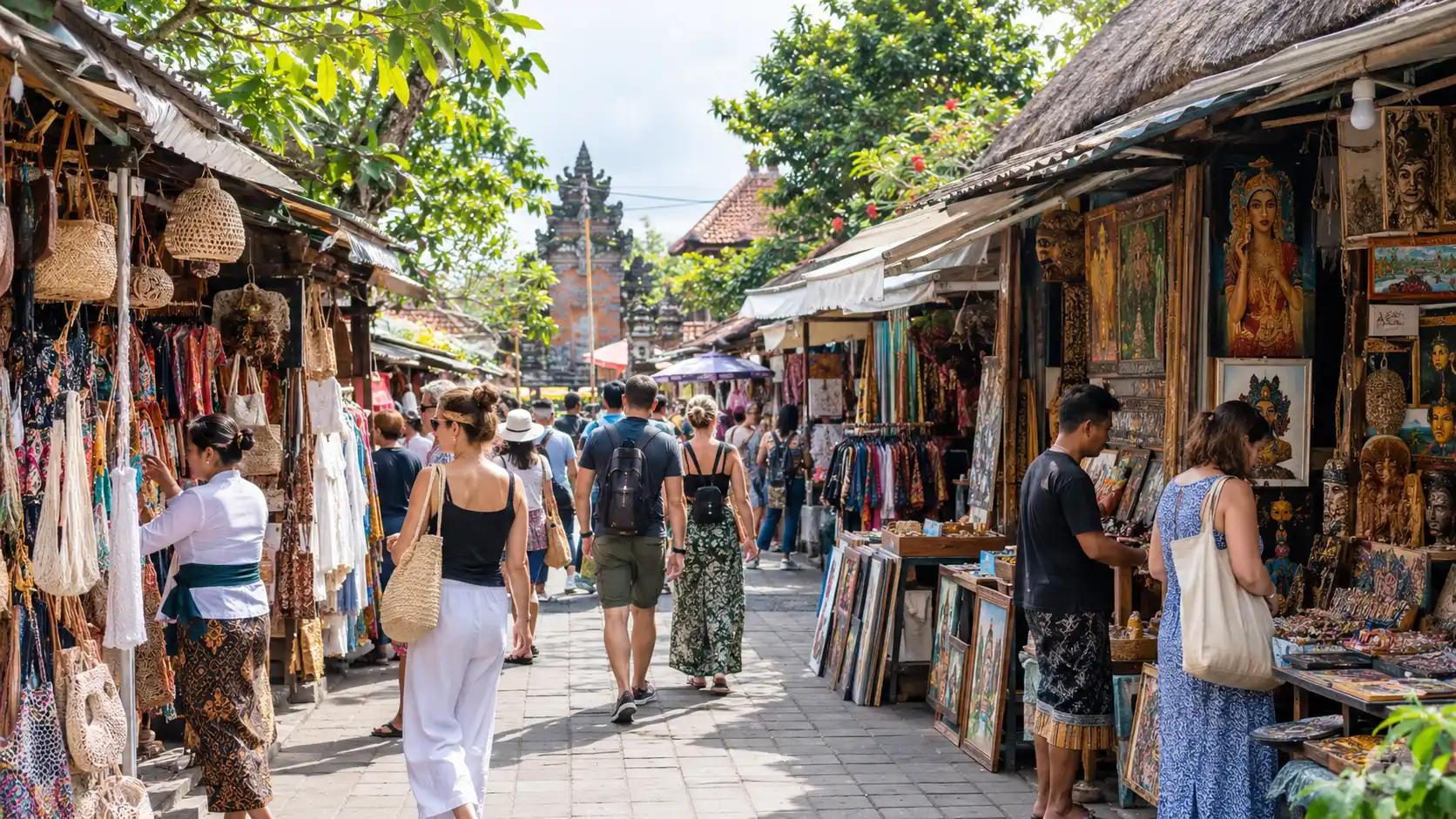Ubud Art Market with tourists browsing local crafts and souvenirs.